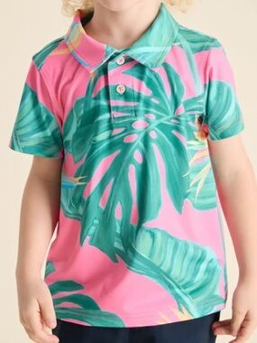 chubbies Kids Pink Polo with Green Tropical Leaf Print